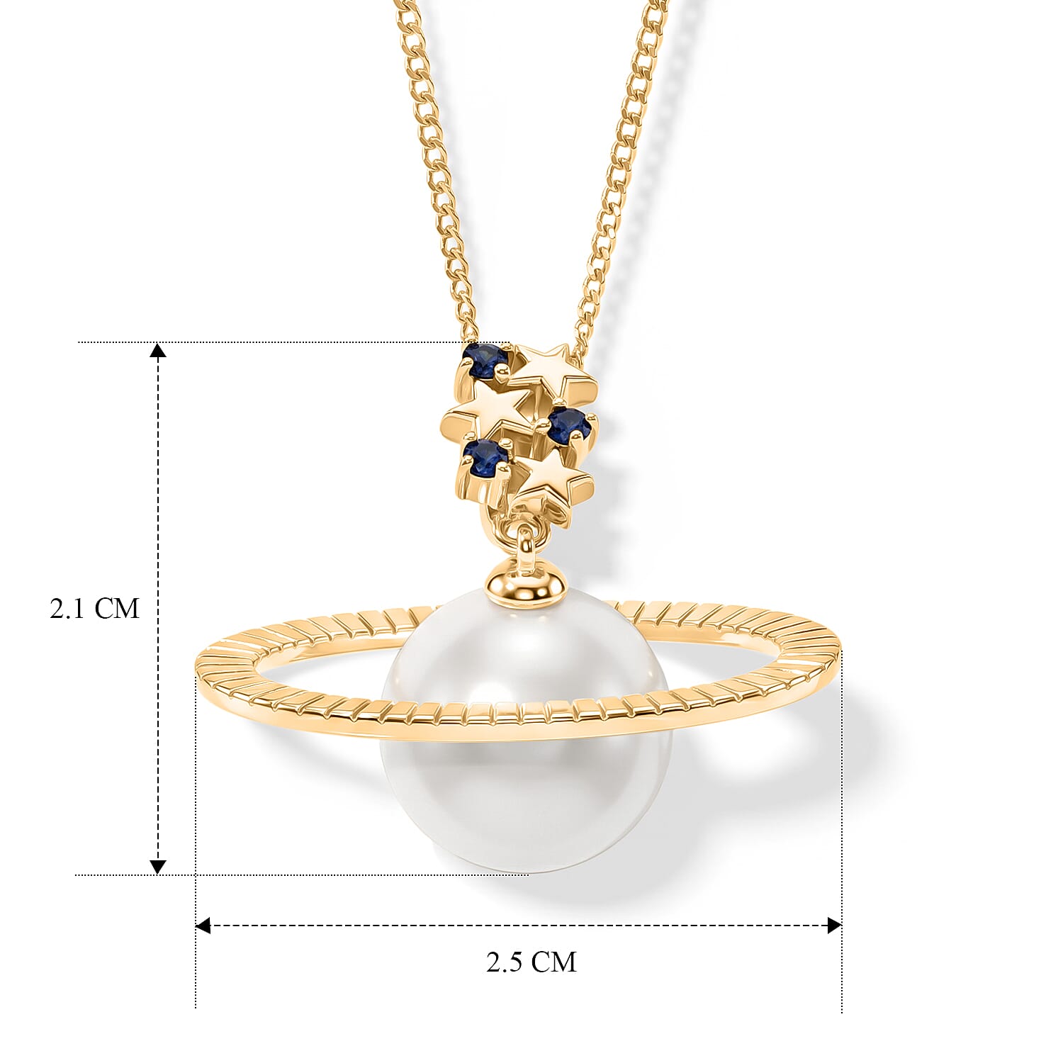 D'Joy - Premium White Edison Pearl (10-11mm) & Blue Sapphire Celestial Pendant with Chain (Size 18) in Yellow Gold Plated Sterling Silver 7.58 Ct.