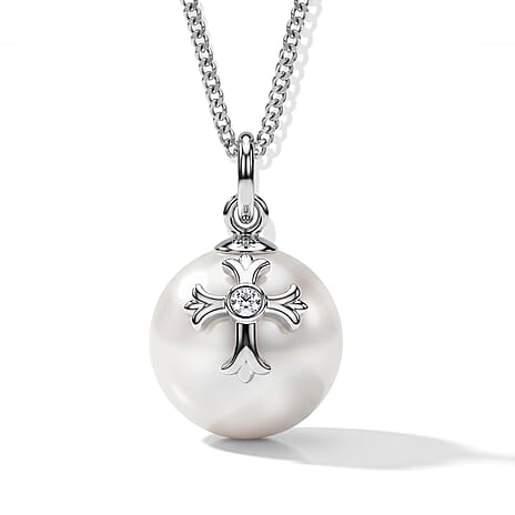 White Edison Pearl & Lab Grown Diamond Cross on Ball Pendant with Chain (Size 18) in Rhodium Overlay Sterling Silver 10.50 Ct.