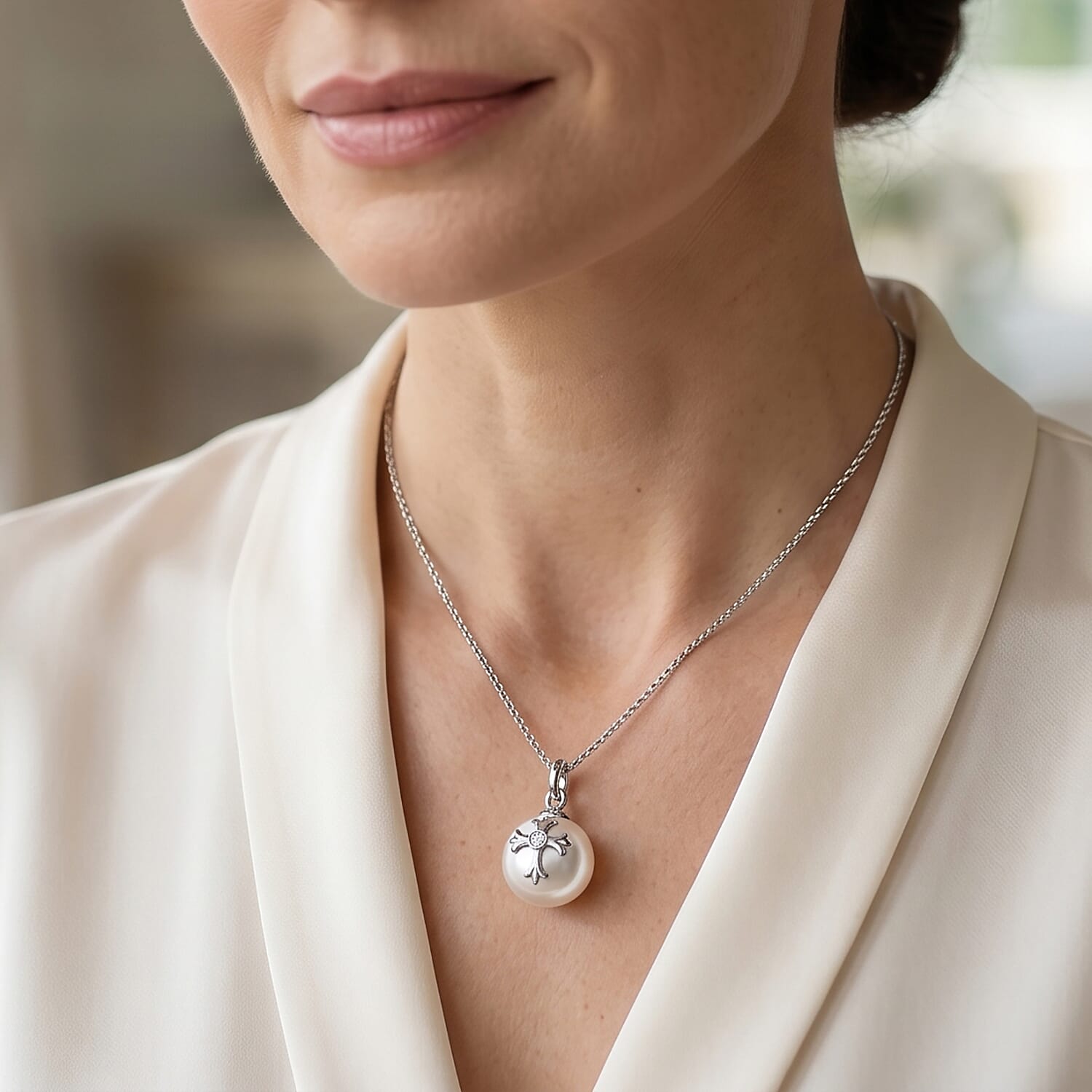 White Edison Pearl & Lab Grown Diamond Cross on Ball Pendant with Chain (Size 18) in Rhodium Overlay Sterling Silver 10.50 Ct.