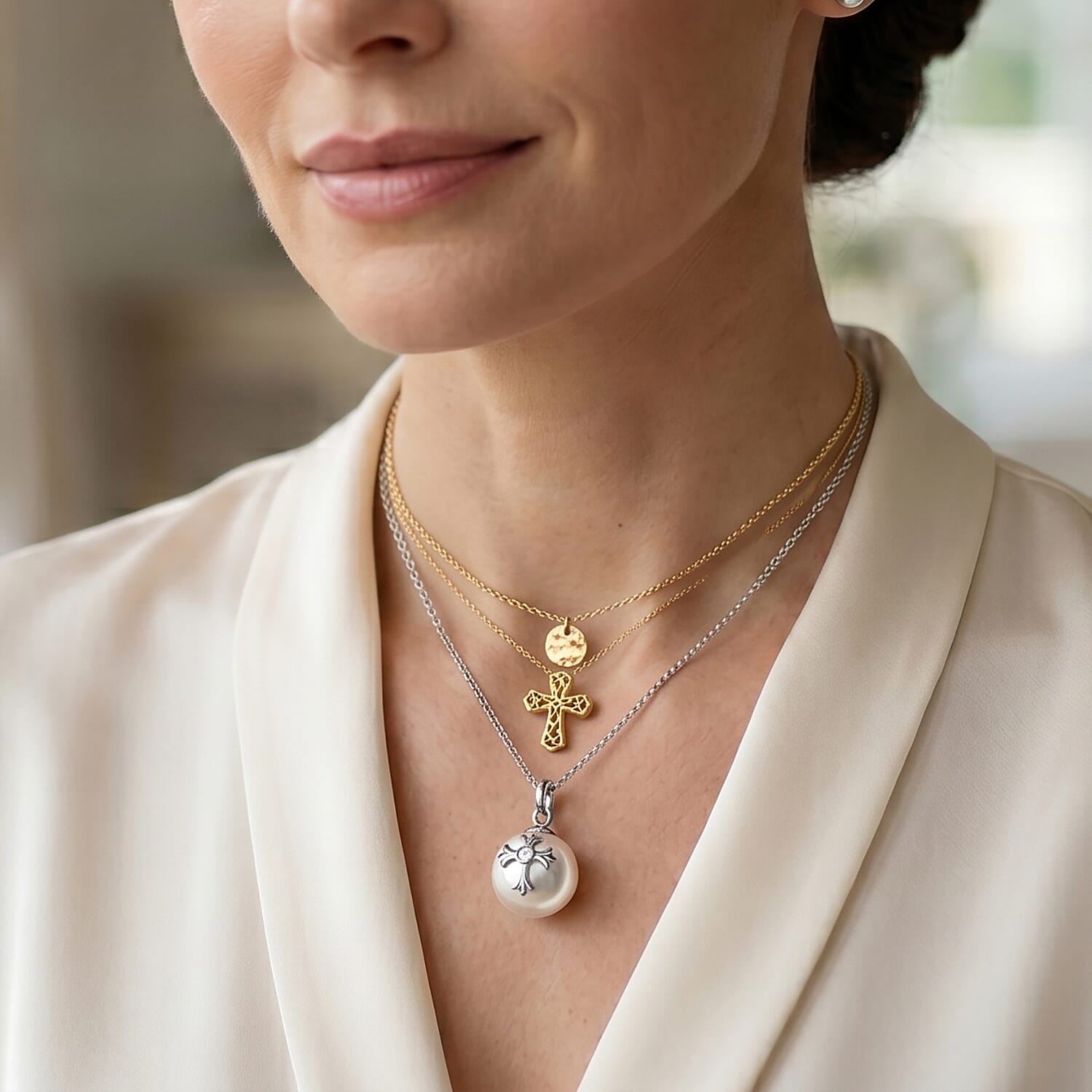 White Edison Pearl & Lab Grown Diamond Cross on Ball Pendant with Chain (Size 18) in Rhodium Overlay Sterling Silver 10.50 Ct.