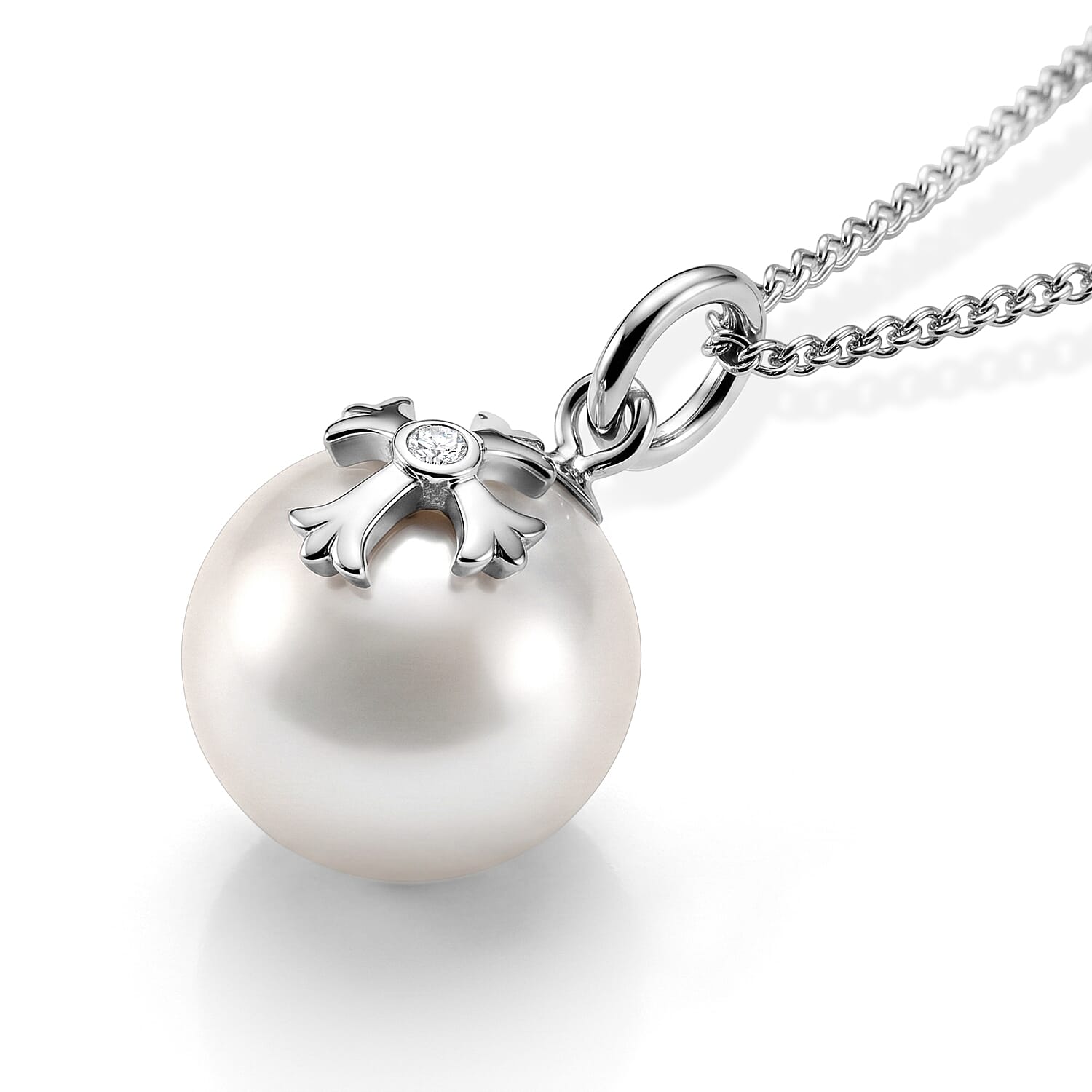 White Edison Pearl & Lab Grown Diamond Cross on Ball Pendant with Chain (Size 18) in Rhodium Overlay Sterling Silver 10.50 Ct.