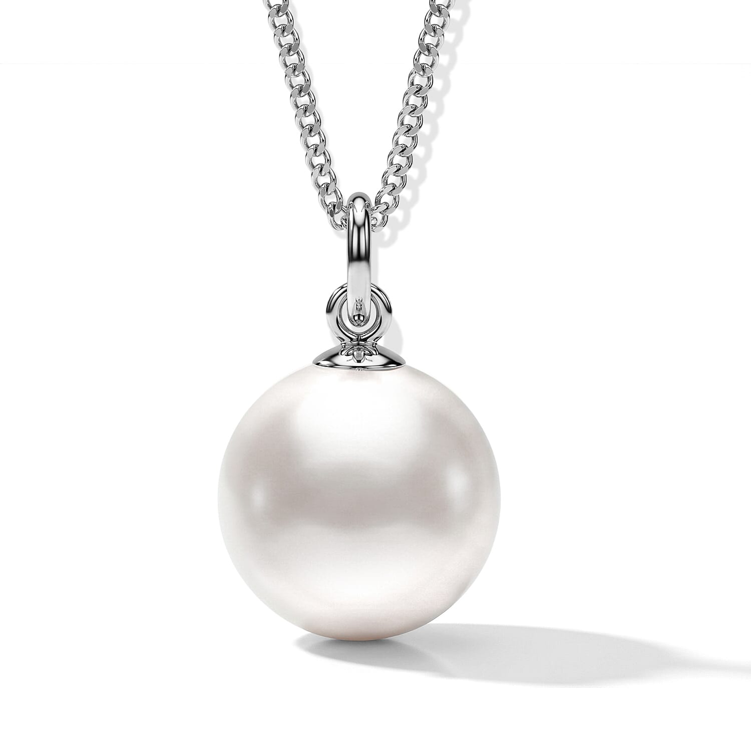 White Edison Pearl & Lab Grown Diamond Cross on Ball Pendant with Chain (Size 18) in Rhodium Overlay Sterling Silver 10.50 Ct.