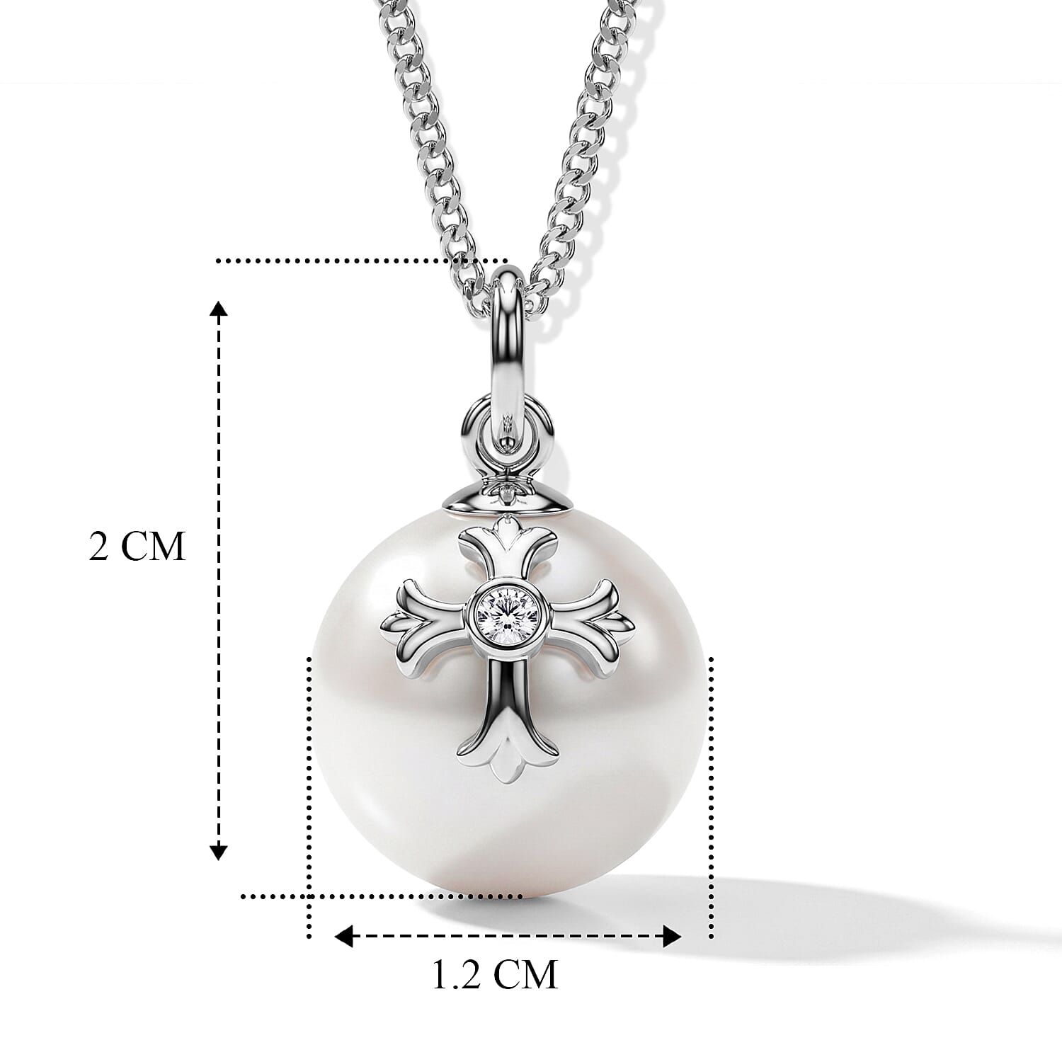 White Edison Pearl & Lab Grown Diamond Cross on Ball Pendant with Chain (Size 18) in Rhodium Overlay Sterling Silver 10.50 Ct.