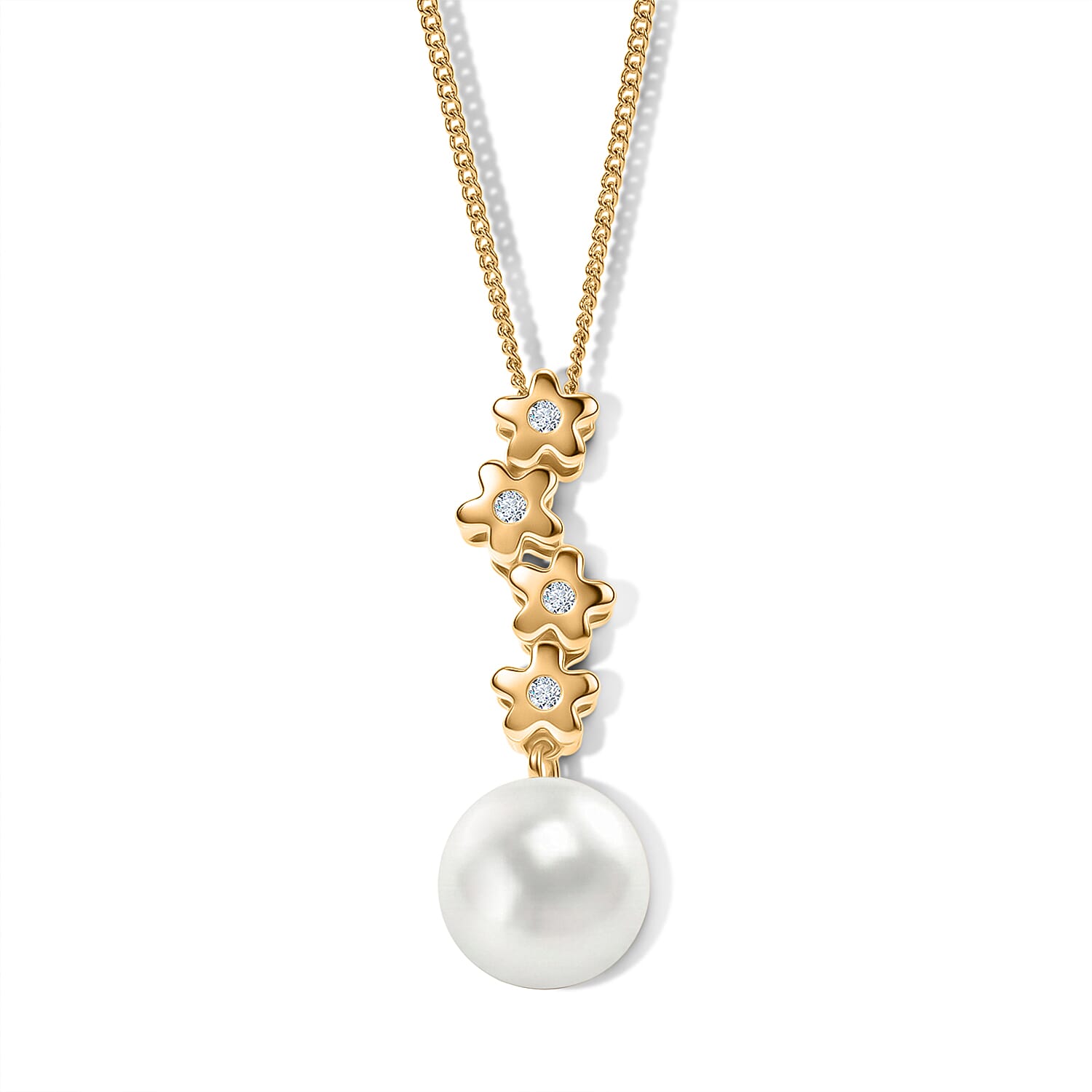 D'Joy - Premium White Edison Pearl (10-11mm) & Lab Grown Diamond Ball Drop Pendant with Chain (Size 18) in Yellow Gold Plated Sterling Silver 7.84 Ct.