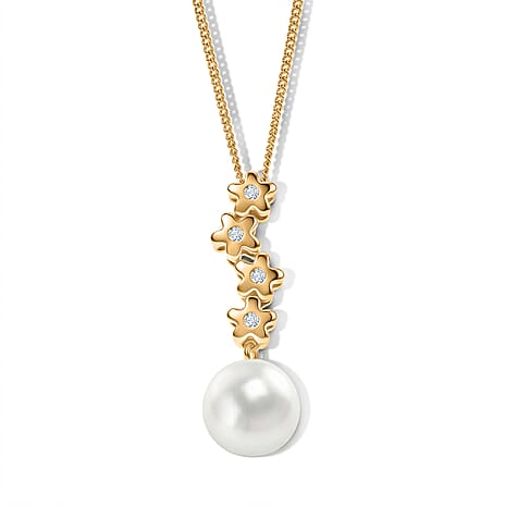 D'Joy - Premium White Edison Pearl (10-11mm) & Lab Grown Diamond Ball Drop Pendant with Chain (Size 18) in Yellow Gold Plated Sterling Silver 7.84 Ct.