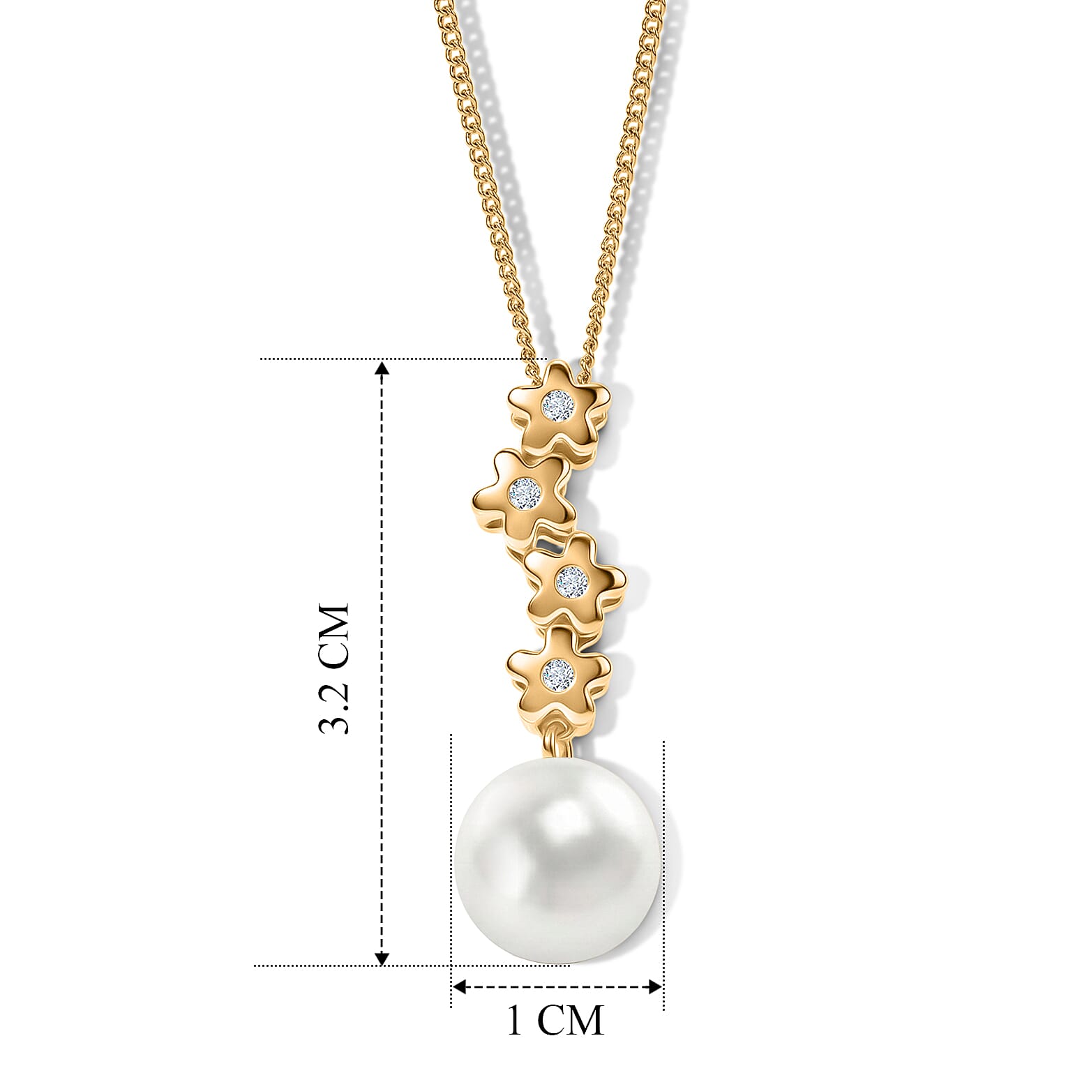D'Joy - Premium White Edison Pearl (10-11mm) & Lab Grown Diamond Ball Drop Pendant with Chain (Size 18) in Yellow Gold Plated Sterling Silver 7.84 Ct.