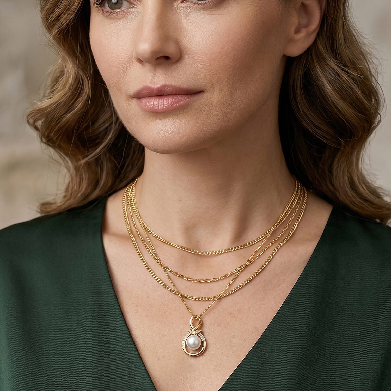 D'Joy - Premium White Edison Pearl (10-11mm) & White Zircon infinity Pendant with Chain (Size 18) in Yellow Gold Plated Sterling Silver 8.86 Ct.
