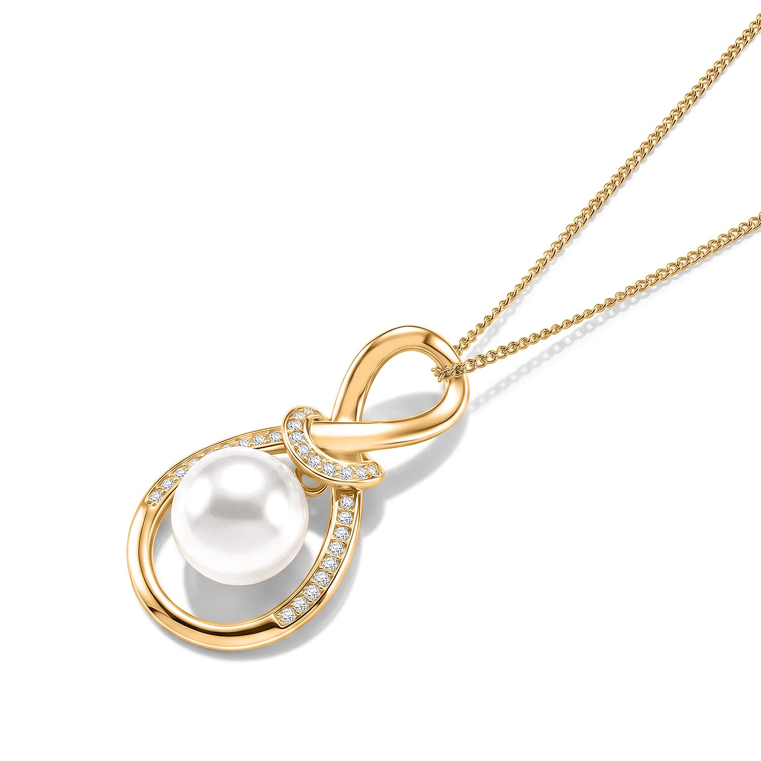 D'Joy - Premium White Edison Pearl (10-11mm) & White Zircon infinity Pendant with Chain (Size 18) in Yellow Gold Plated Sterling Silver 8.86 Ct.