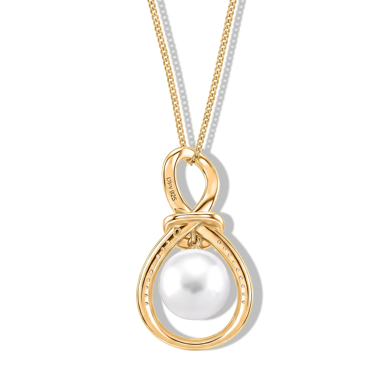 D'Joy - Premium White Edison Pearl (10-11mm) & White Zircon infinity Pendant with Chain (Size 18) in Yellow Gold Plated Sterling Silver 8.86 Ct.