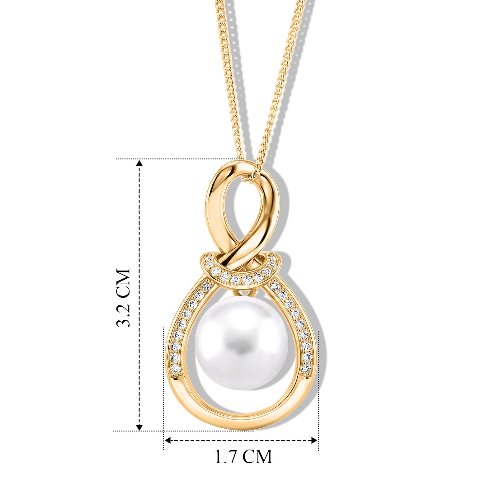 D'Joy - Premium White Edison Pearl (10-11mm) & White Zircon infinity Pendant with Chain (Size 18) in Yellow Gold Plated Sterling Silver 8.86 Ct.