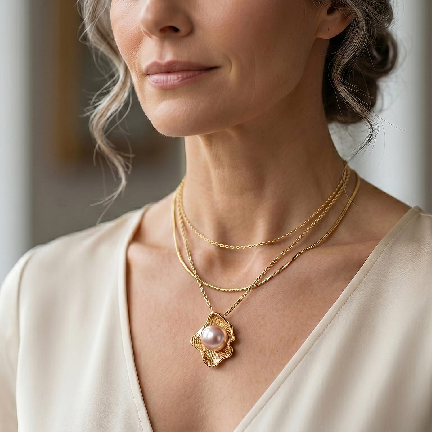 D'Joy - Premium Peach Edison (9-10mm) Ball Pendant with Chain (Size 18) in Yellow Gold Plated Sterling Silver 5.90 Ct.