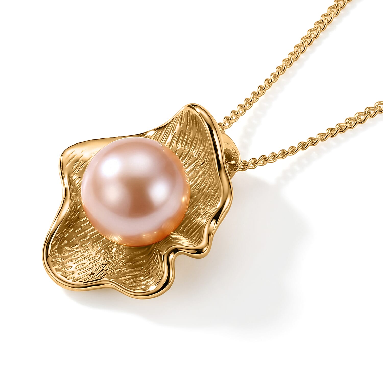D'Joy - Premium Peach Edison (9-10mm) Ball Pendant with Chain (Size 18) in Yellow Gold Plated Sterling Silver 5.90 Ct.