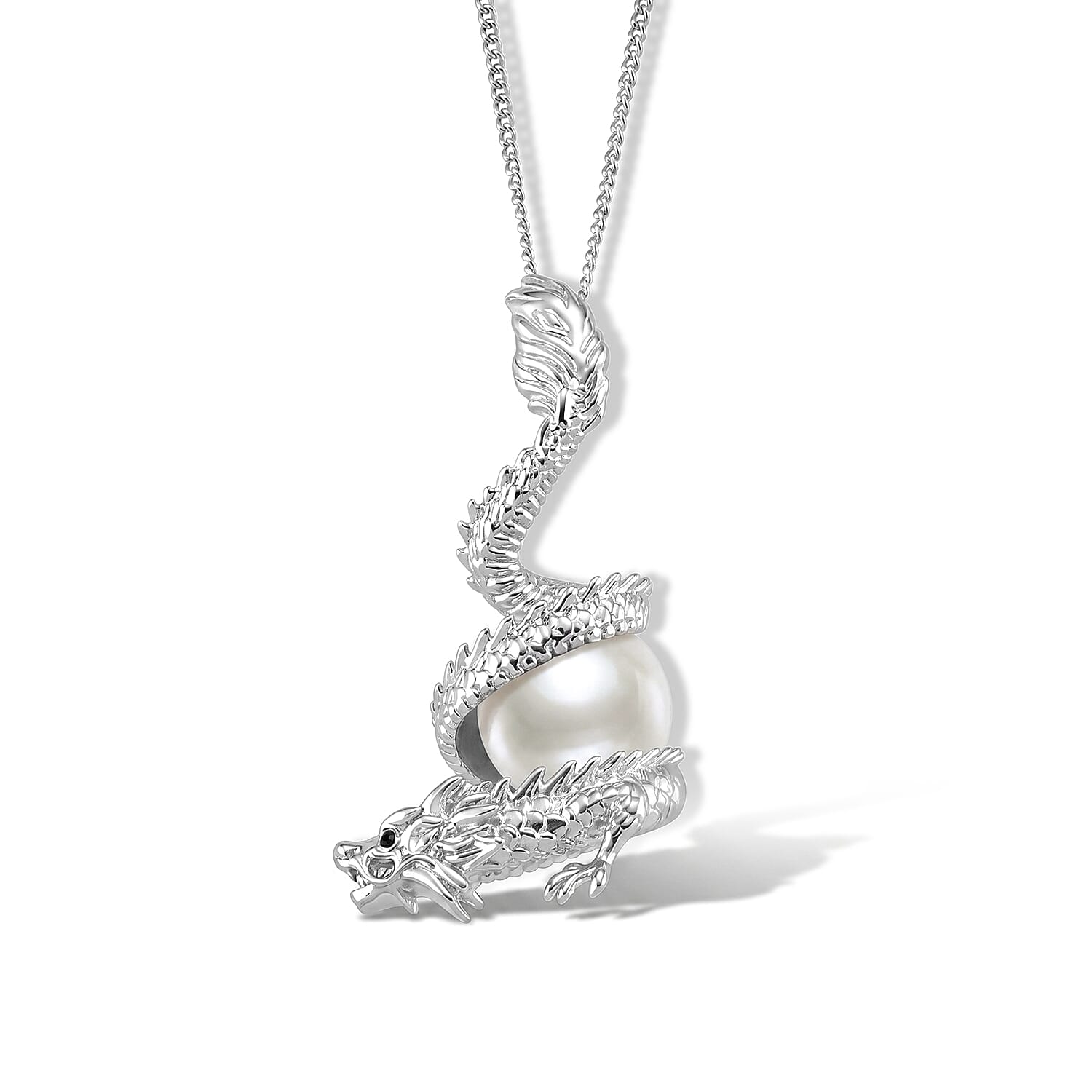 White Edison Pearl & Black Spinel Dragon Pendant with Chain (Size 18) in Rhodium Overlay Sterling Silver 7.60 Ct.