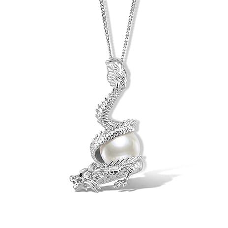 White Edison Pearl & Black Spinel Dragon Pendant with Chain (Size 18) in Rhodium Overlay Sterling Silver 7.60 Ct.