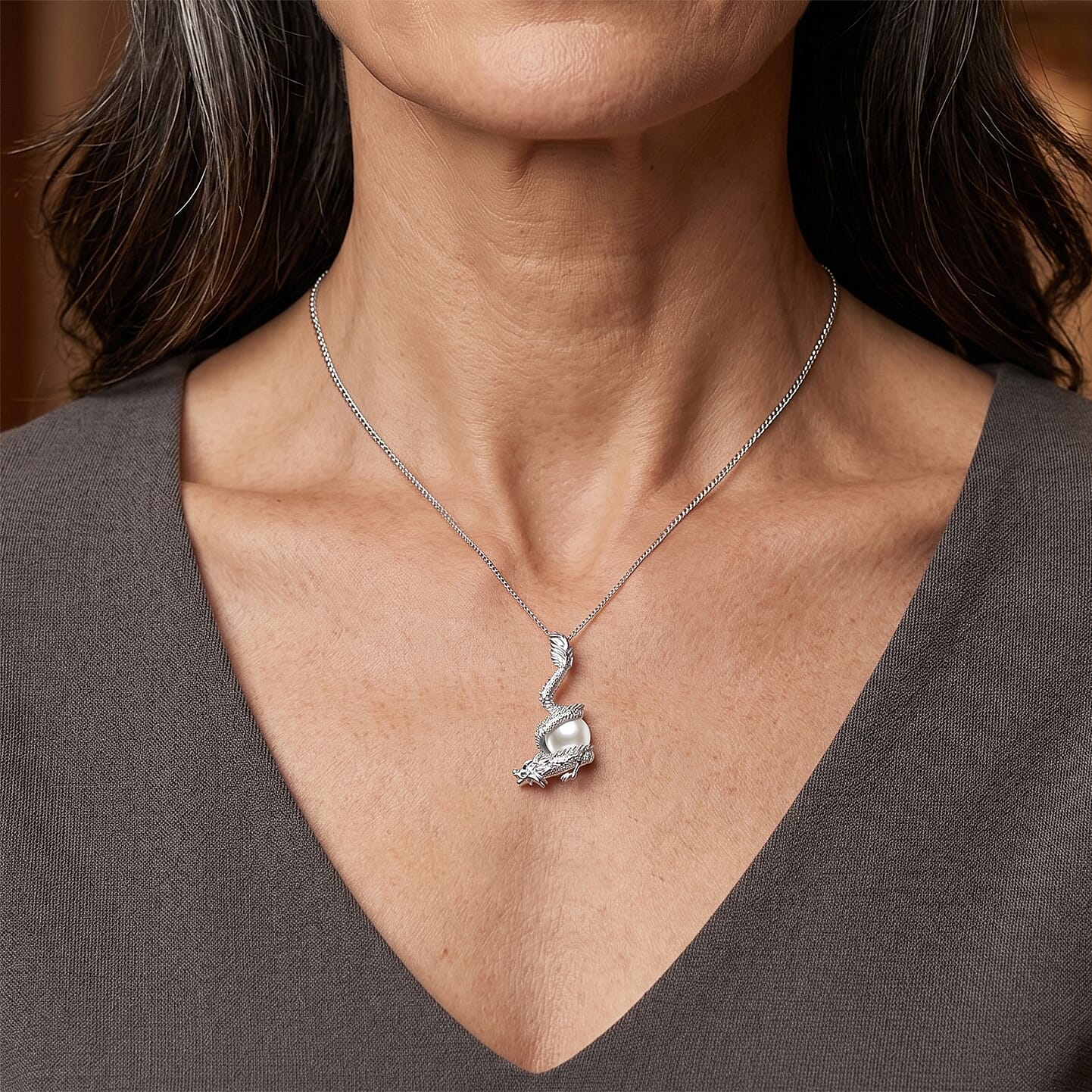 White Edison Pearl & Black Spinel Dragon Pendant with Chain (Size 18) in Rhodium Overlay Sterling Silver 7.60 Ct.