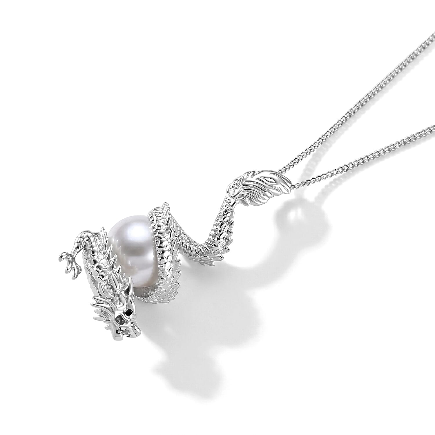 White Edison Pearl & Black Spinel Dragon Pendant with Chain (Size 18) in Rhodium Overlay Sterling Silver 7.60 Ct.