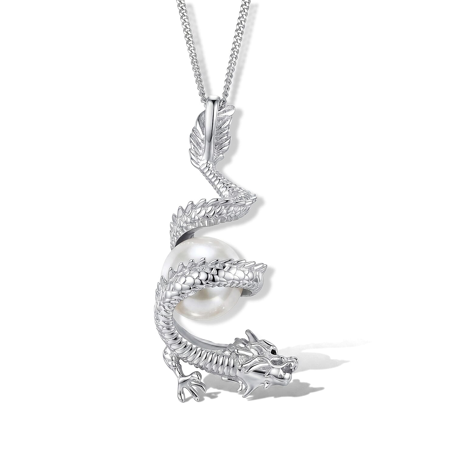 White Edison Pearl & Black Spinel Dragon Pendant with Chain (Size 18) in Rhodium Overlay Sterling Silver 7.60 Ct.