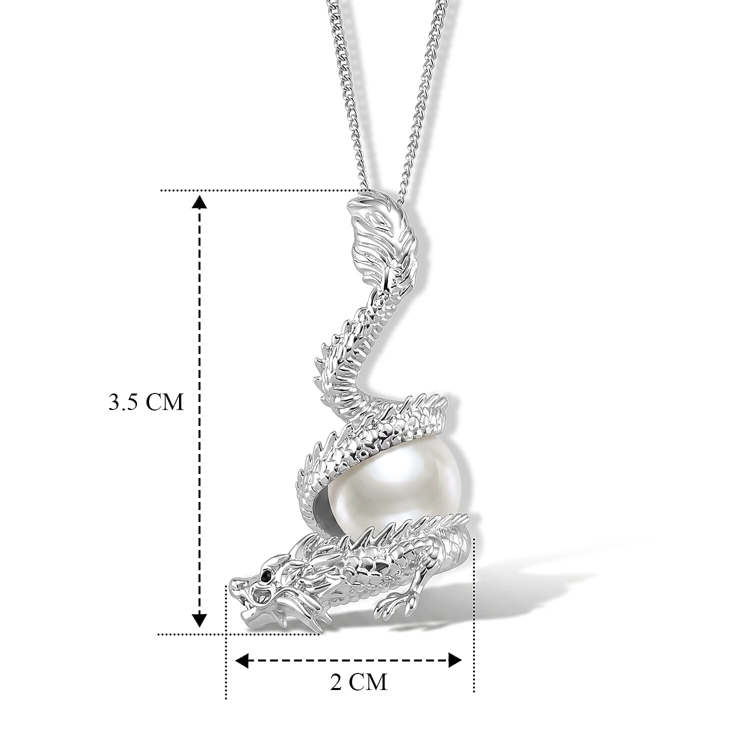 White Edison Pearl & Black Spinel Dragon Pendant with Chain (Size 18) in Rhodium Overlay Sterling Silver 7.60 Ct.
