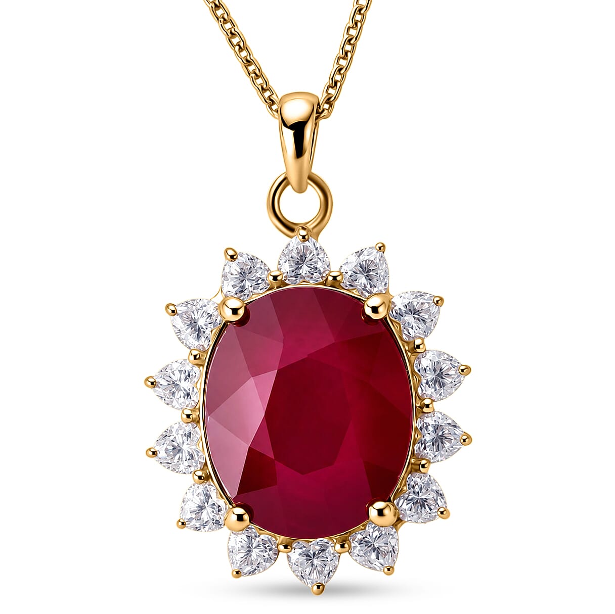 Fissure Filled Ruby & Moissanite Halo Pendant with Chain (Size 20) in 18K Vermeil Yellow Gold Plated Sterling Silver 7.90 Ct.
