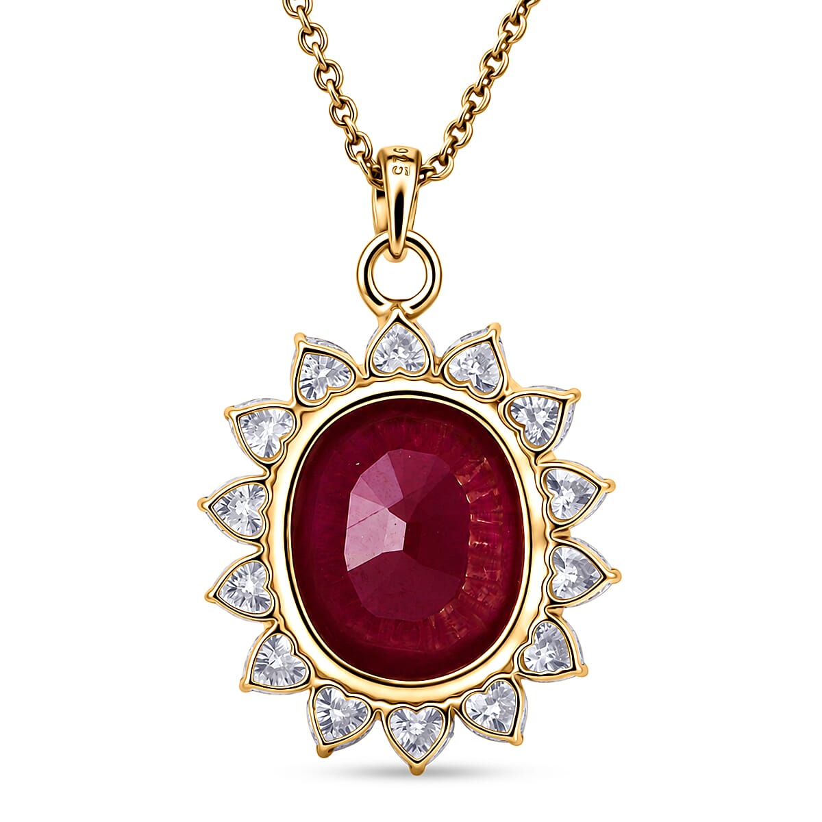 Fissure Filled Ruby & Moissanite Halo Pendant with Chain (Size 20) in 18K Vermeil Yellow Gold Plated Sterling Silver 7.90 Ct.
