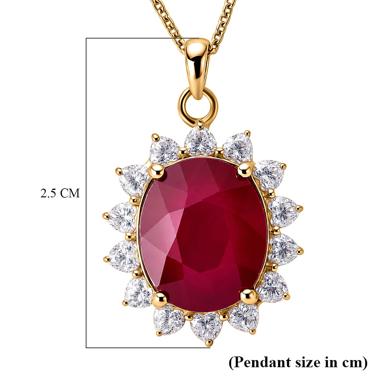 Fissure Filled Ruby & Moissanite Halo Pendant with Chain (Size 20) in 18K Vermeil Yellow Gold Plated Sterling Silver 7.90 Ct.