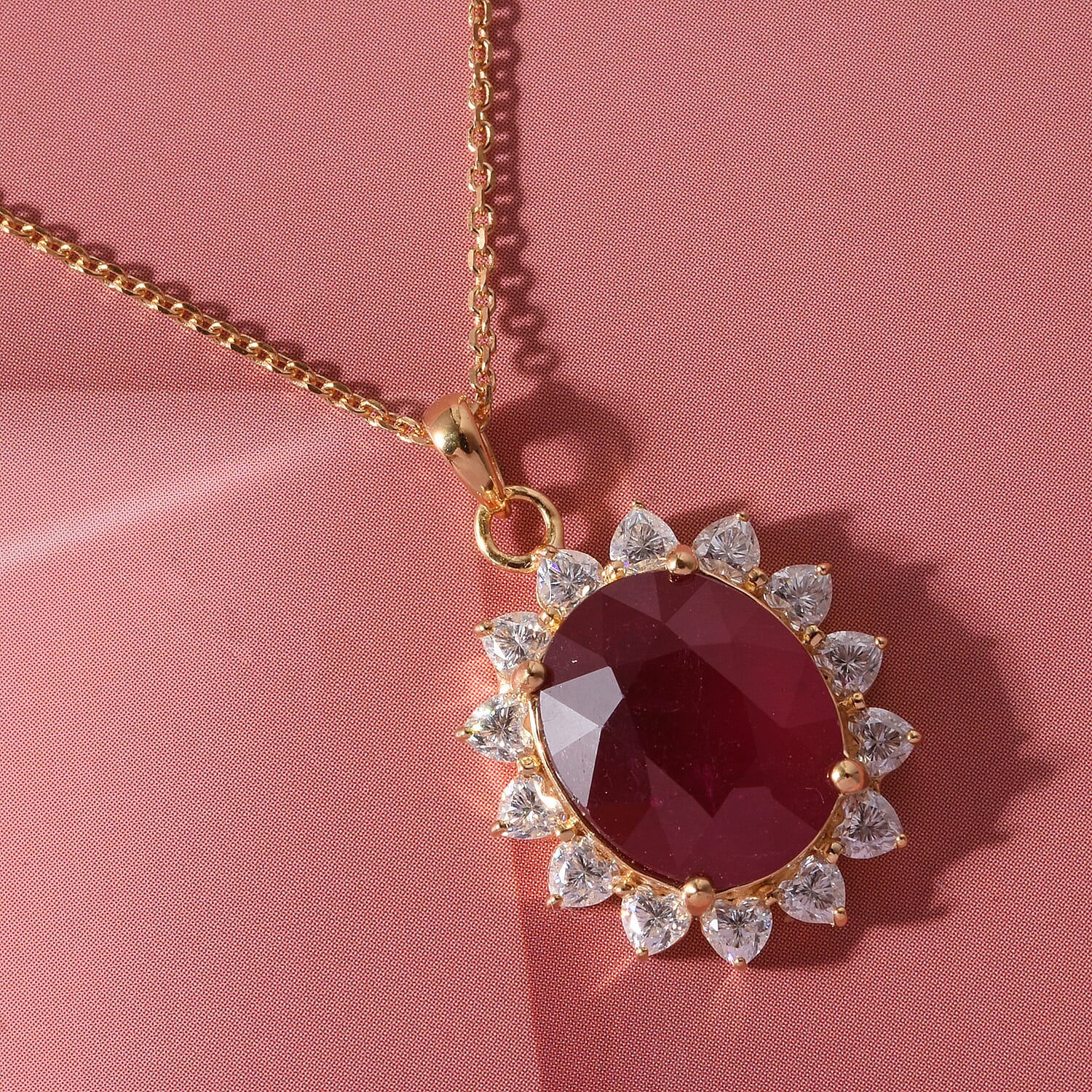 Fissure Filled Ruby & Moissanite Halo Pendant with Chain (Size 20) in 18K Vermeil Yellow Gold Plated Sterling Silver 7.90 Ct.