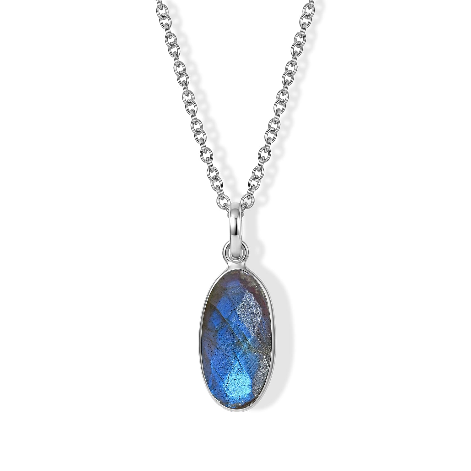 Labradorite Solitaire Pendant in Sterling Silver with Chain (Size 20) 4.46 Ct.