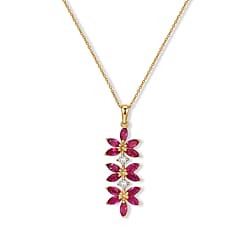 D'Joy - African Ruby & White Zircon Floral Pendant with Chain (Size 20) in Yellow Gold Plated Sterling Silver 3.40 Ct.