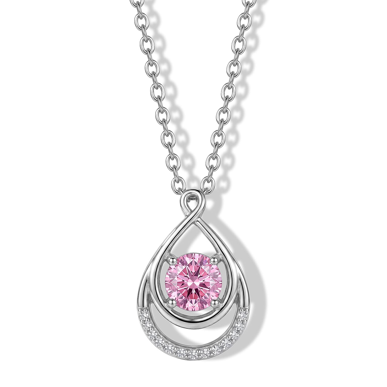 Pink Moissanite & Moissanite Teardrop Pendant in Rhodium Overlay Sterling Silver with Chain (Size 20)