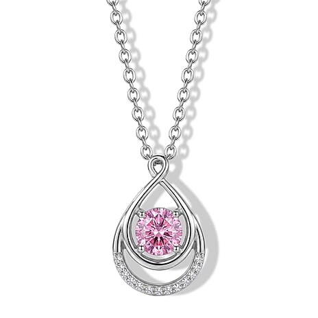 Pink Moissanite & Moissanite Teardrop Pendant in Rhodium Overlay Sterling Silver with Chain (Size 20)
