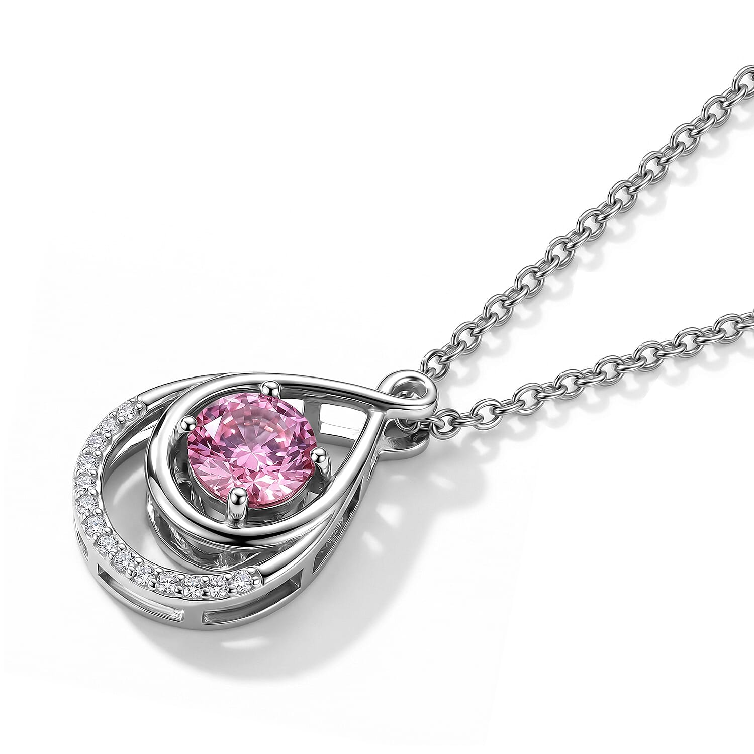 Pink Moissanite & Moissanite Teardrop Pendant in Rhodium Overlay Sterling Silver with Chain (Size 20)