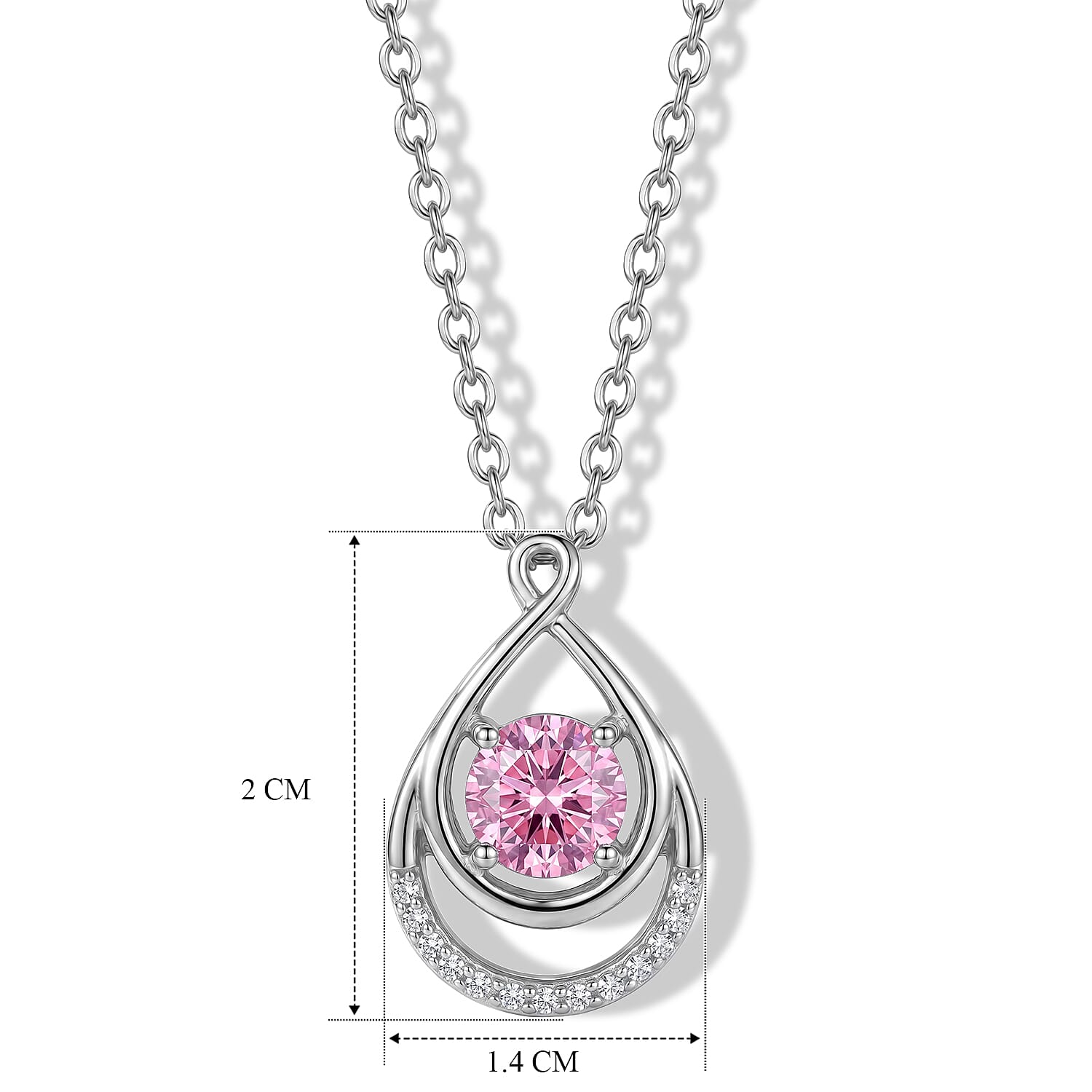Pink Moissanite & Moissanite Teardrop Pendant in Rhodium Overlay Sterling Silver with Chain (Size 20)