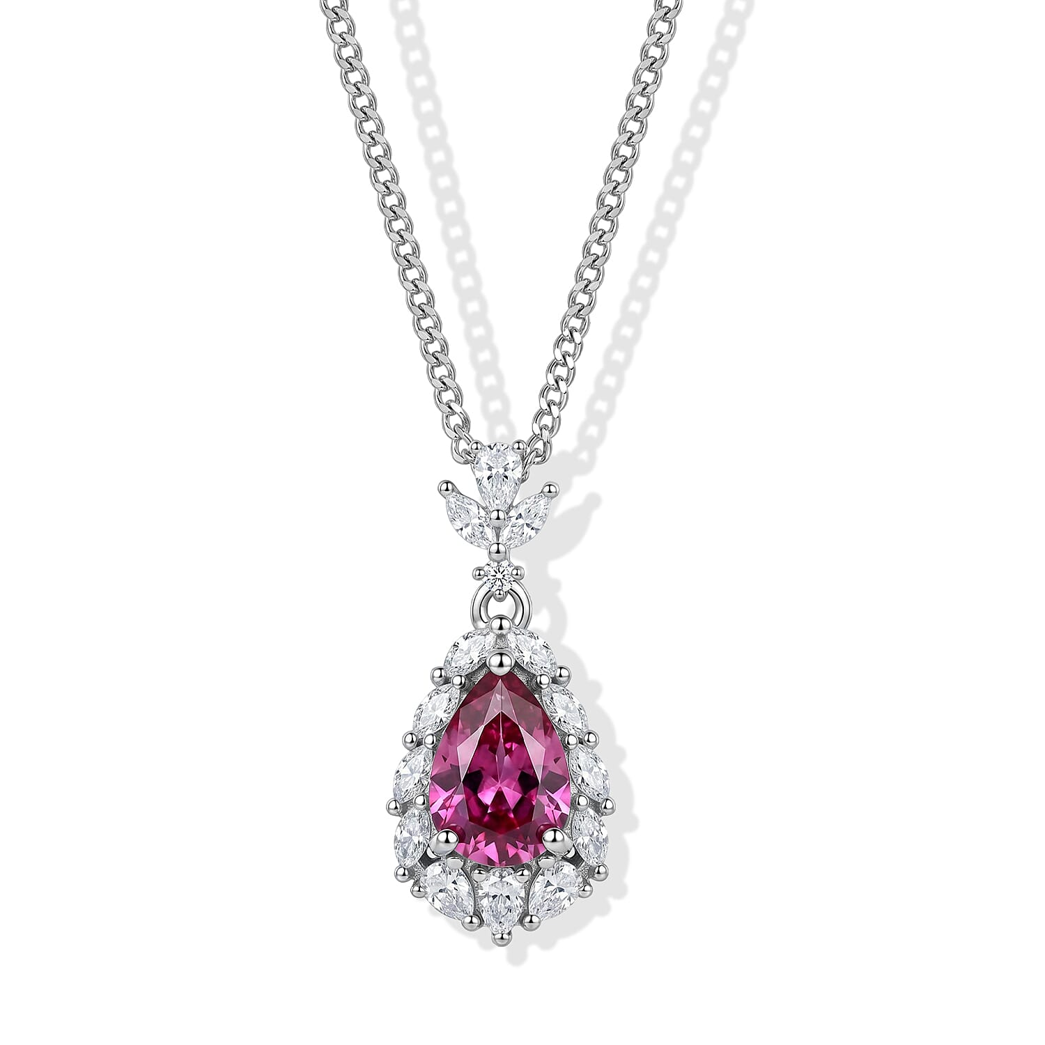 Pink Moissanite & Moissanite Drop Pendant with Chain (Size 18) in Rhodium Overlay Sterling Silver 2.25 Ct.