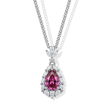Pink Moissanite & Moissanite Drop Pendant with Chain (Size 18) in Rhodium Overlay Sterling Silver 2.25 Ct.