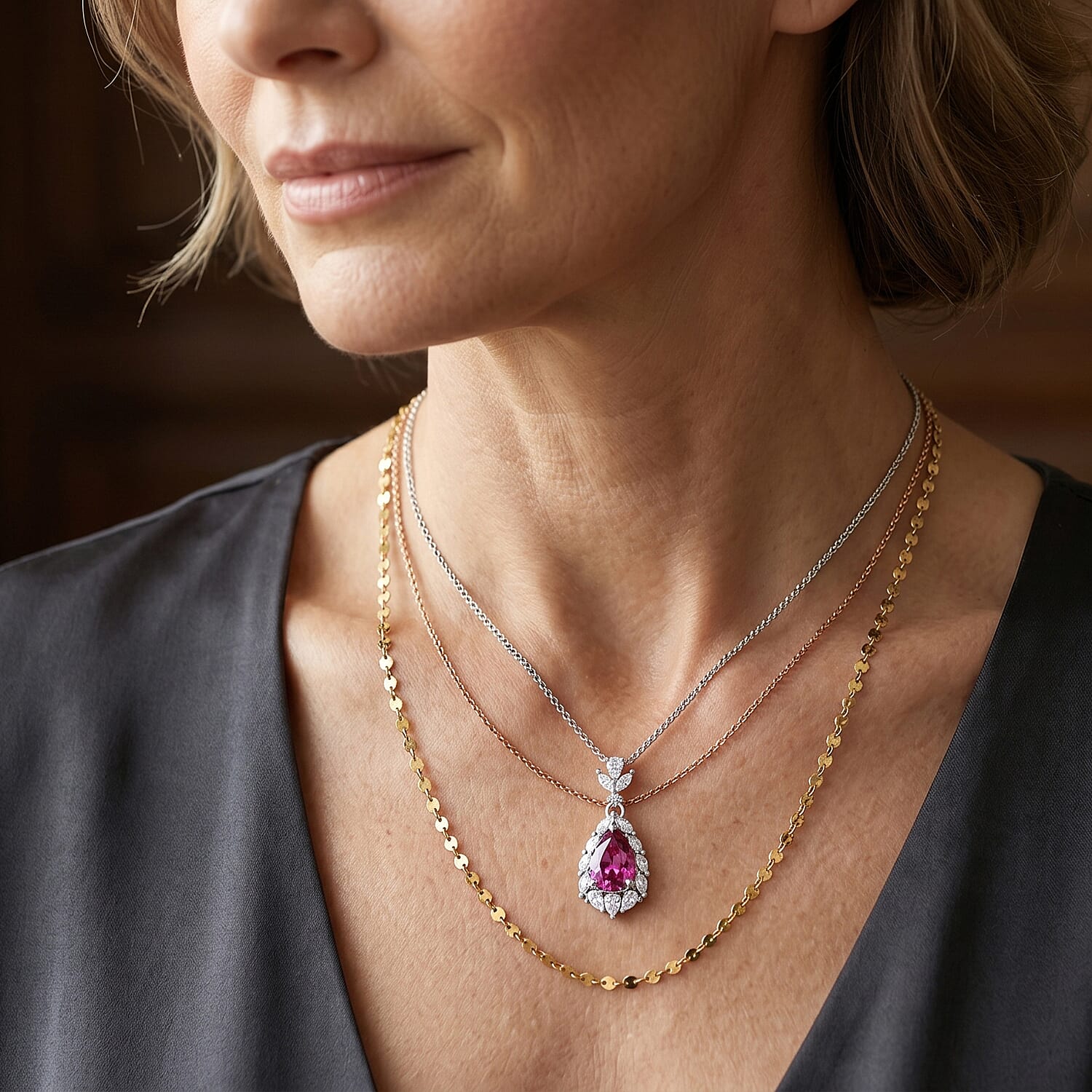 Pink Moissanite & Moissanite Drop Pendant with Chain (Size 18) in Rhodium Overlay Sterling Silver 2.25 Ct.