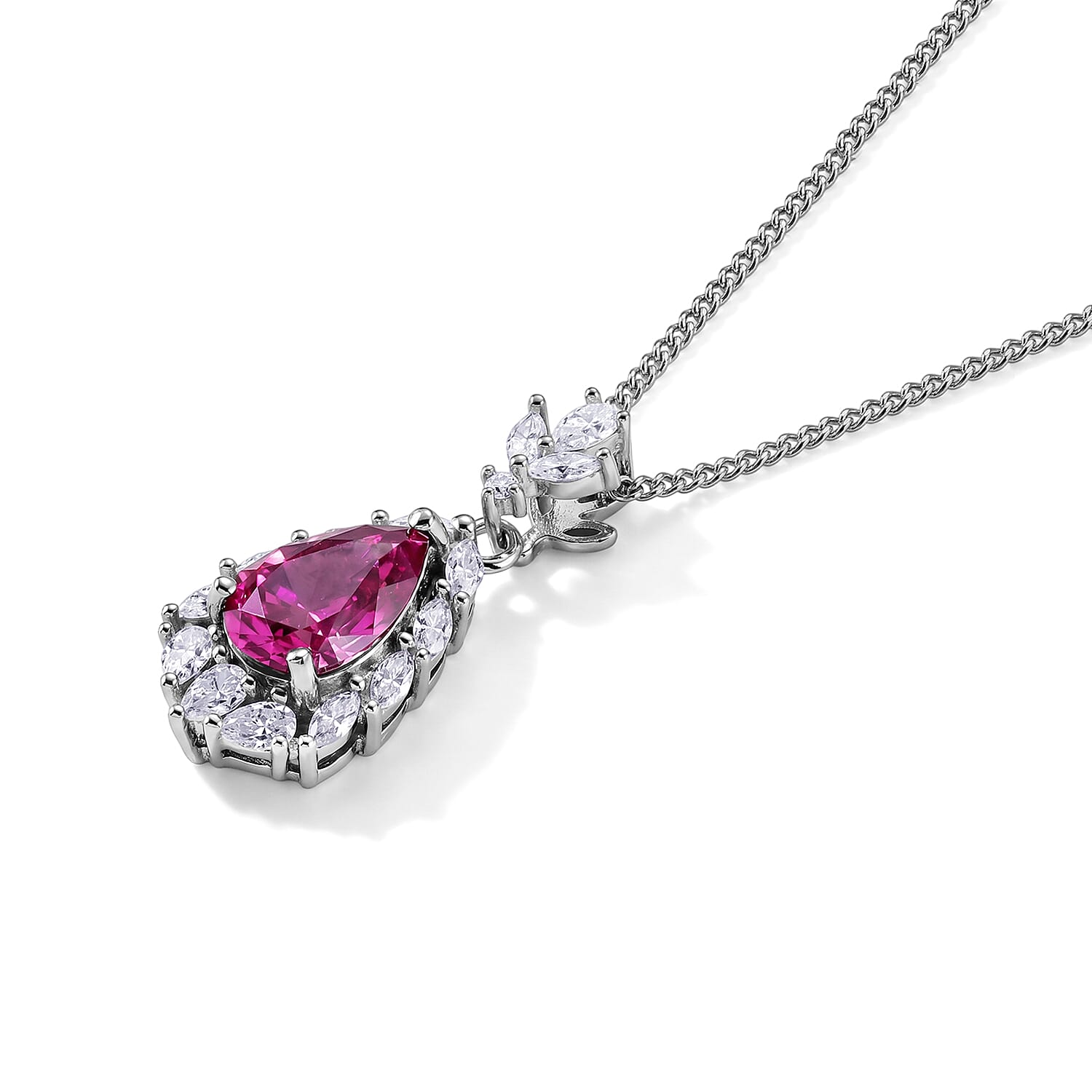 Pink Moissanite & Moissanite Drop Pendant with Chain (Size 18) in Rhodium Overlay Sterling Silver 2.25 Ct.