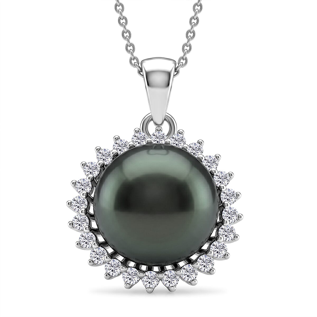 D'Joy - Tahitian Pearl & Lab Grown Diamond Halo Pendant with Chain (Size 18) in Rhodium Overlay Sterling Silver 8.10 Ct.