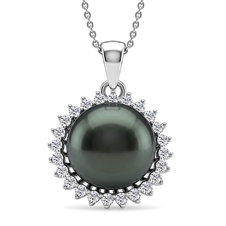 D'Joy - Tahitian Pearl & Lab Grown Diamond Halo Pendant with Chain (Size 18) in Rhodium Overlay Sterling Silver 8.10 Ct.