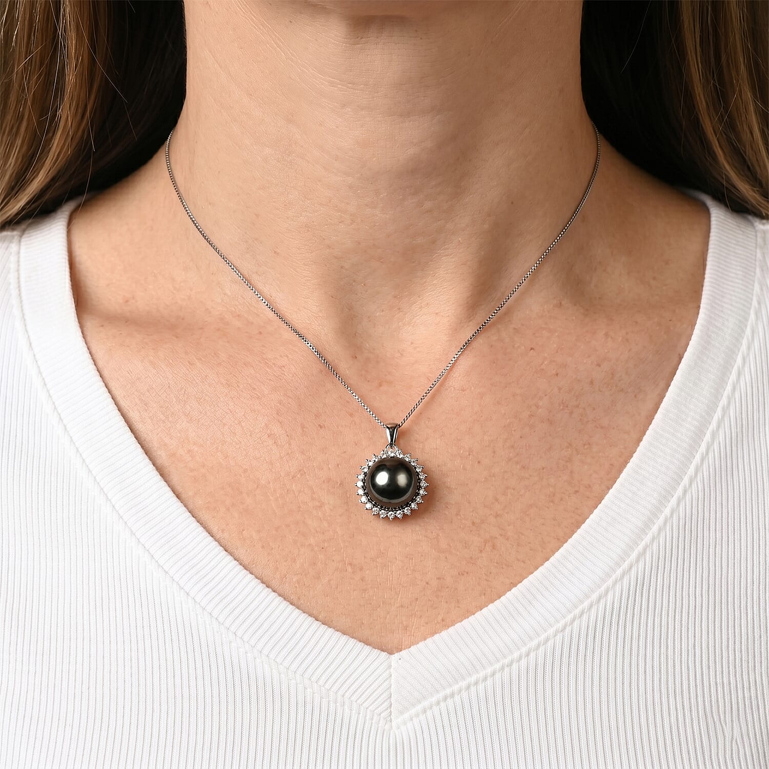 D'Joy - Tahitian Pearl & Lab Grown Diamond Halo Pendant with Chain (Size 18) in Rhodium Overlay Sterling Silver 8.10 Ct.