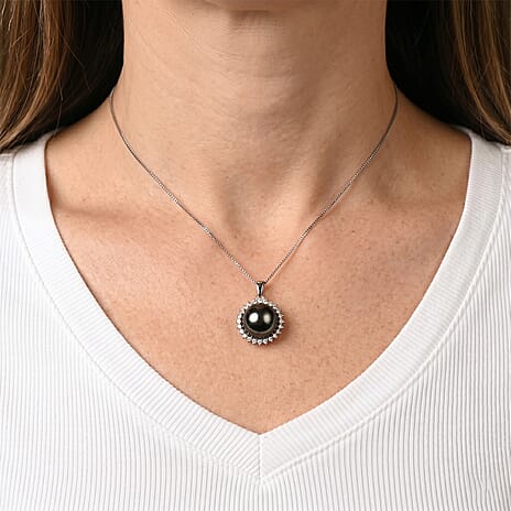D'Joy - Tahitian Pearl (10-11mm) & Lab Grown Diamond Halo Pendant with Chain (Size 18) in Rhodium Overlay Sterling Silver 8.10 Ct.