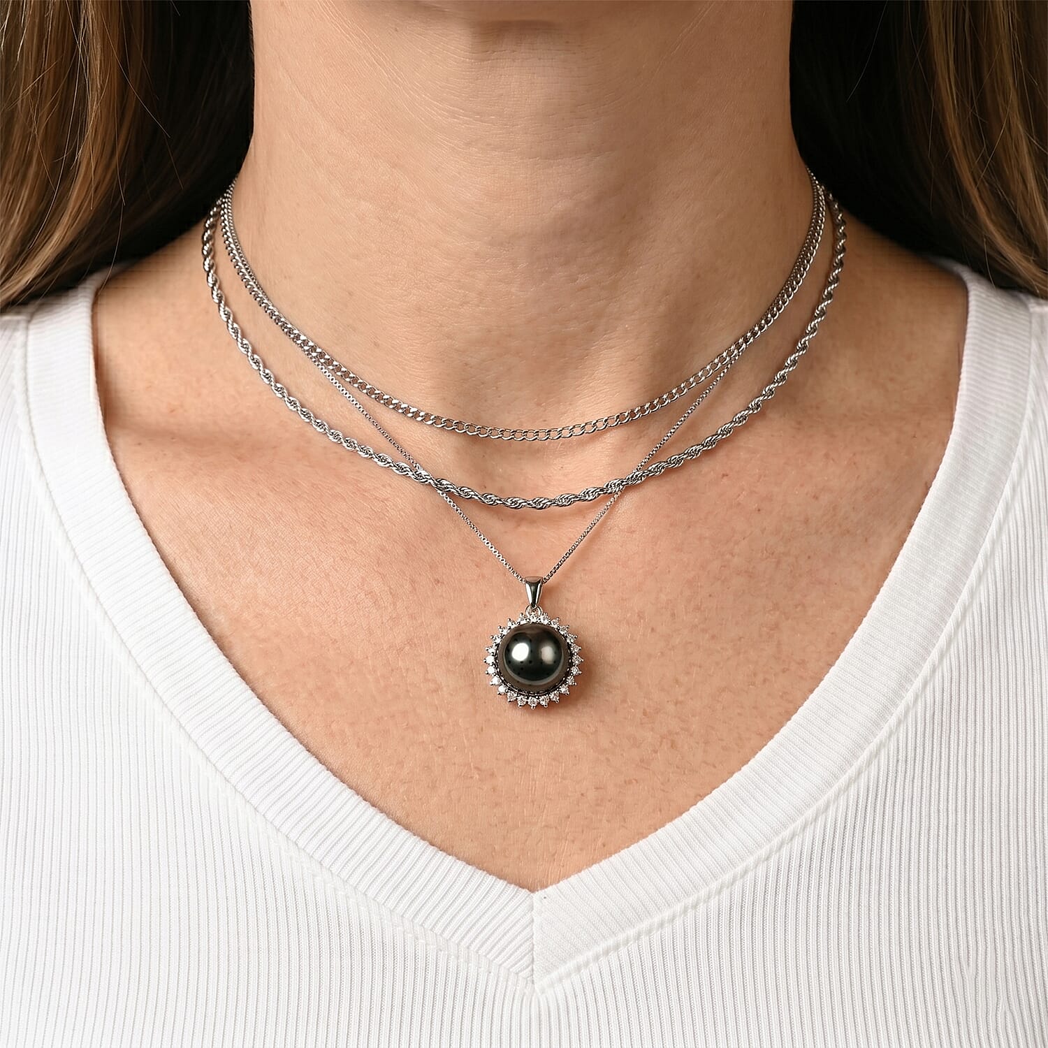 D'Joy - Tahitian Pearl & Lab Grown Diamond Halo Pendant with Chain (Size 18) in Rhodium Overlay Sterling Silver 8.10 Ct.