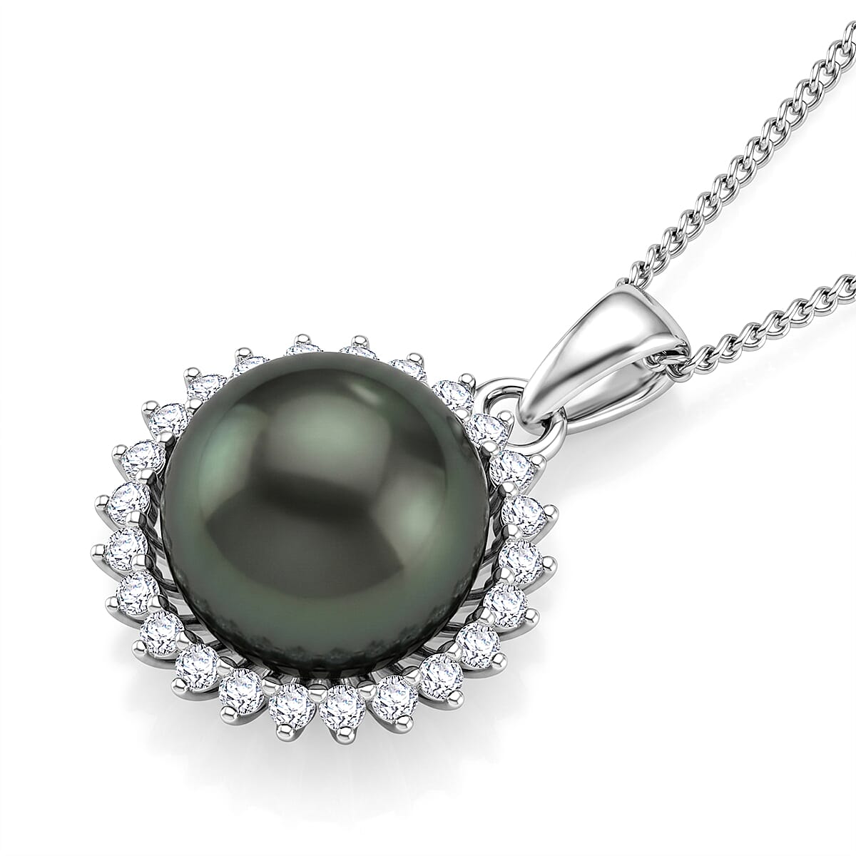 D'Joy - Tahitian Pearl & Lab Grown Diamond Halo Pendant with Chain (Size 18) in Rhodium Overlay Sterling Silver 8.10 Ct.