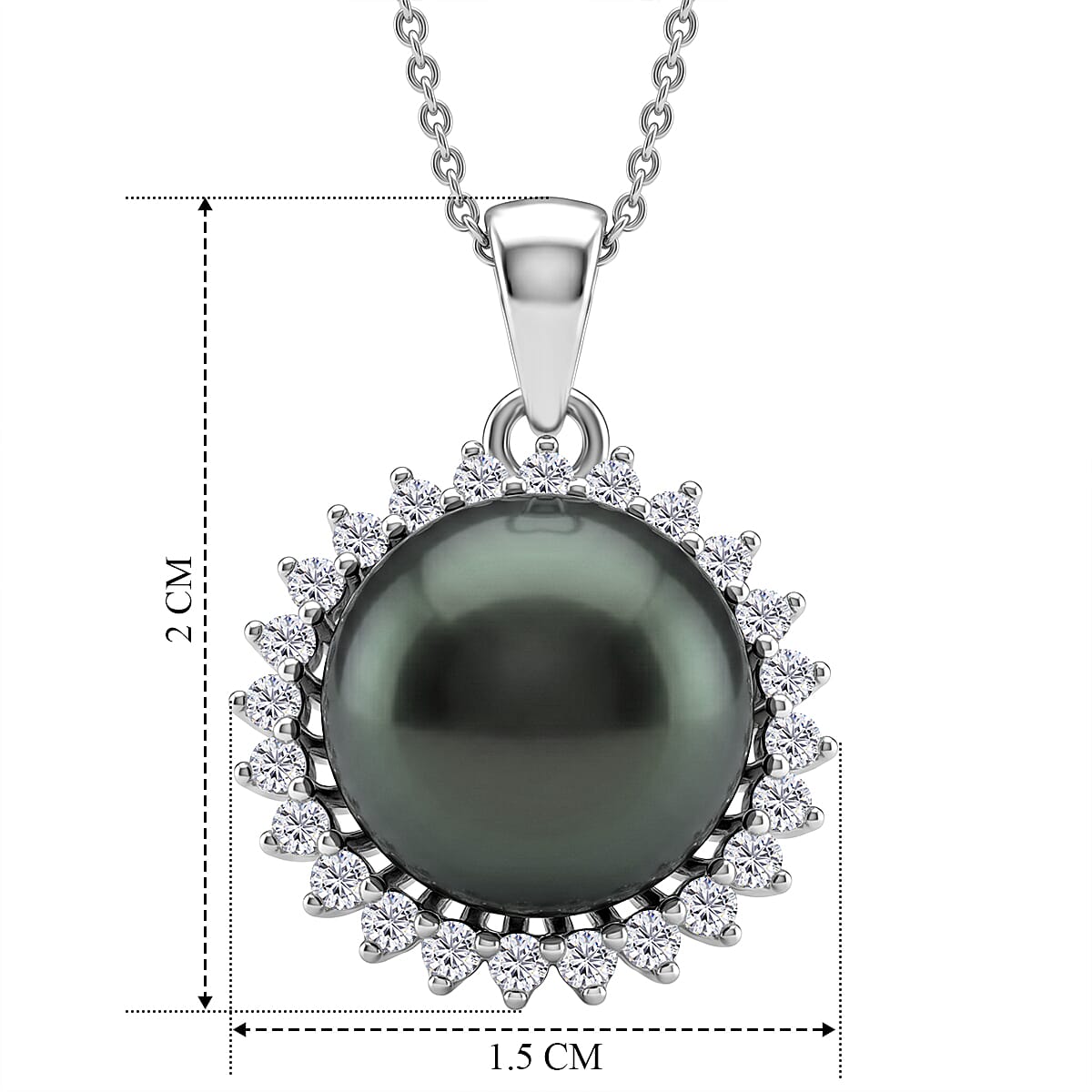 D'Joy - Tahitian Pearl & Lab Grown Diamond Halo Pendant with Chain (Size 18) in Rhodium Overlay Sterling Silver 8.10 Ct.