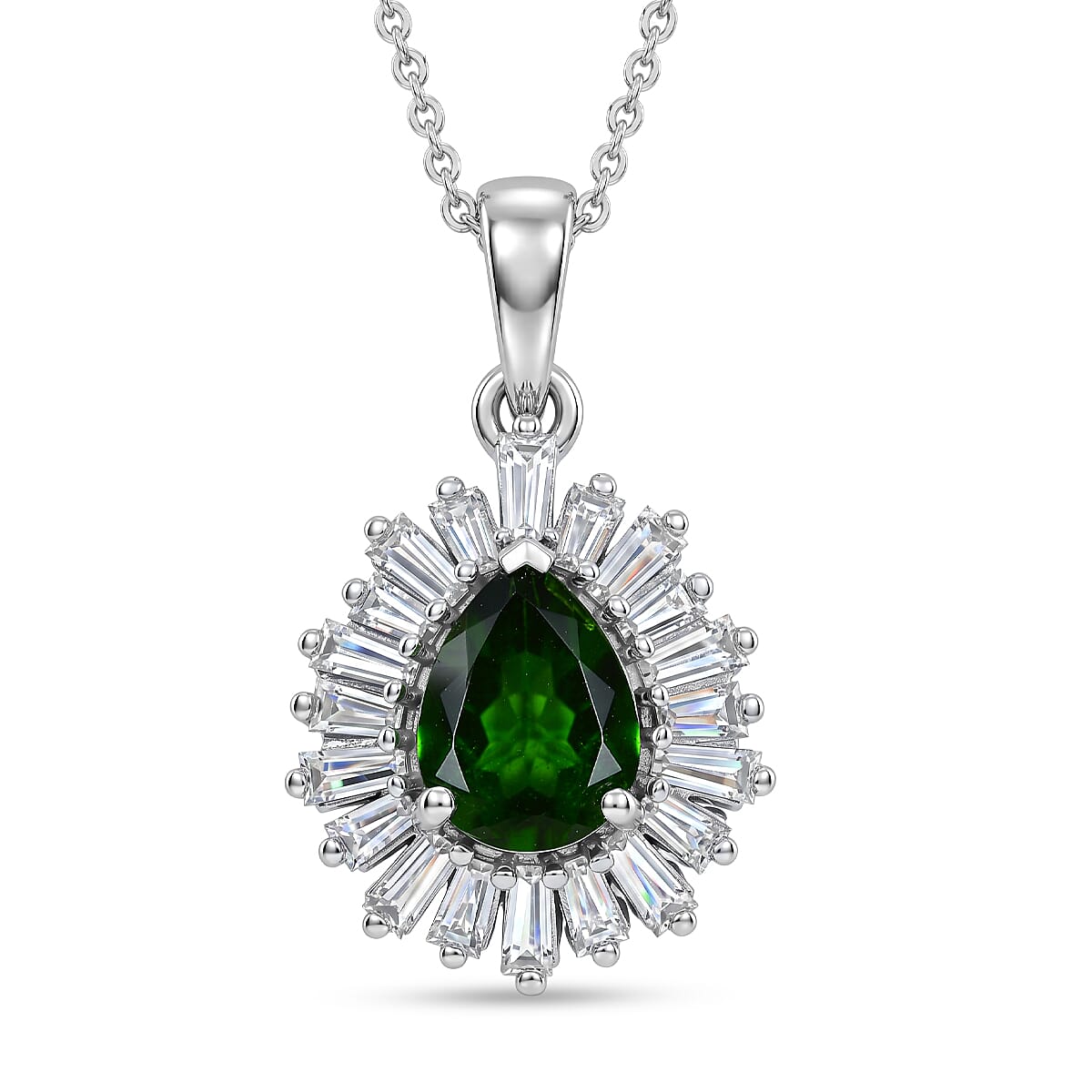 D'Joy - Natural Chrome Diopside & Moissanite Halo Pendant with Chain (Size 20) in Rhodium Overlay Sterling Silver 1.74 Ct.