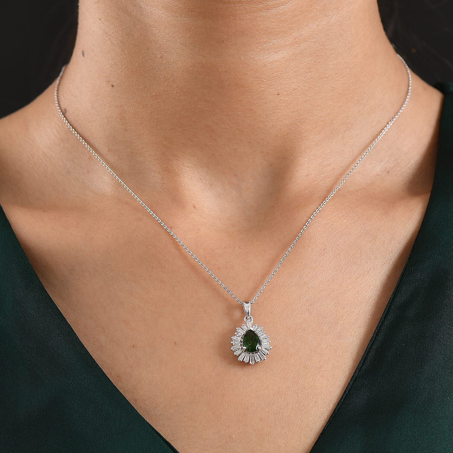 D'Joy - Natural Chrome Diopside & Moissanite Halo Pendant with Chain (Size 20) in Rhodium Overlay Sterling Silver 1.74 Ct.