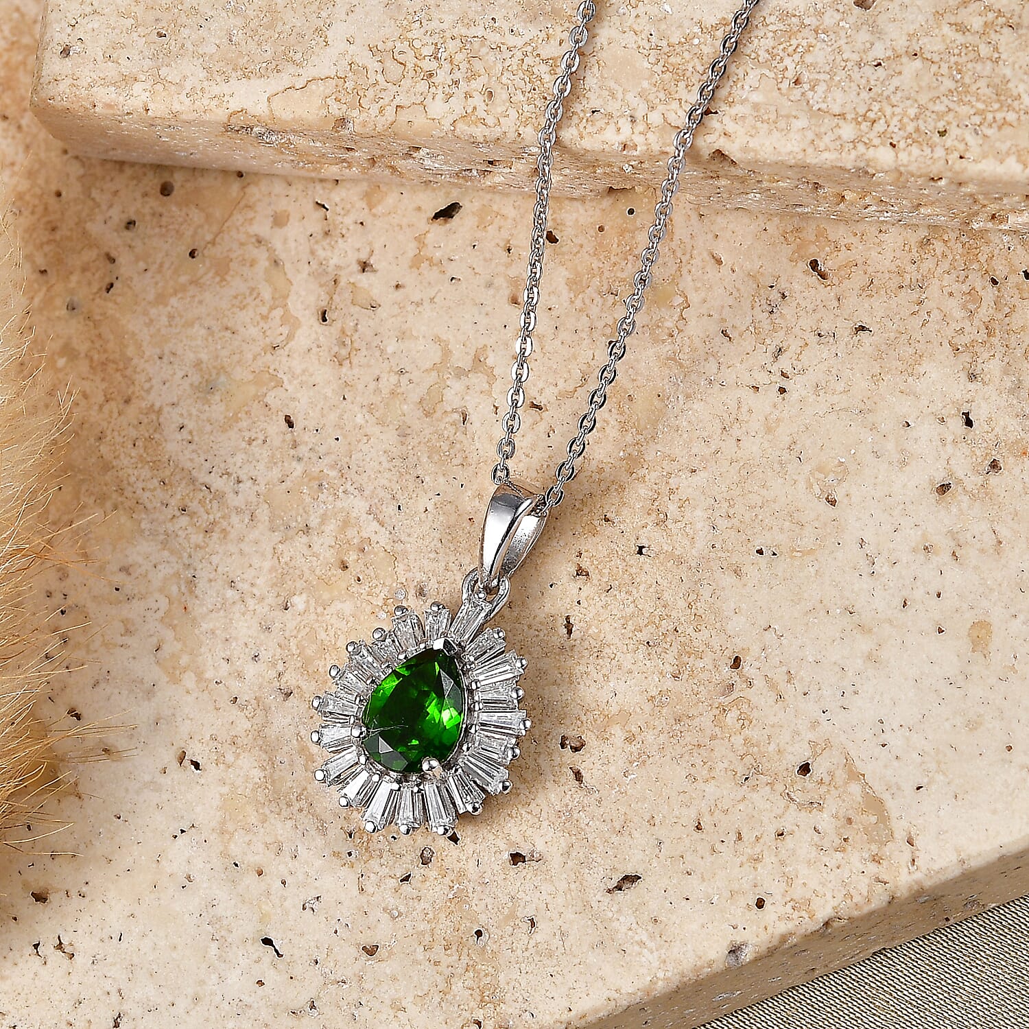 D'Joy - Natural Chrome Diopside & Moissanite Halo Pendant with Chain (Size 20) in Rhodium Overlay Sterling Silver 1.74 Ct.