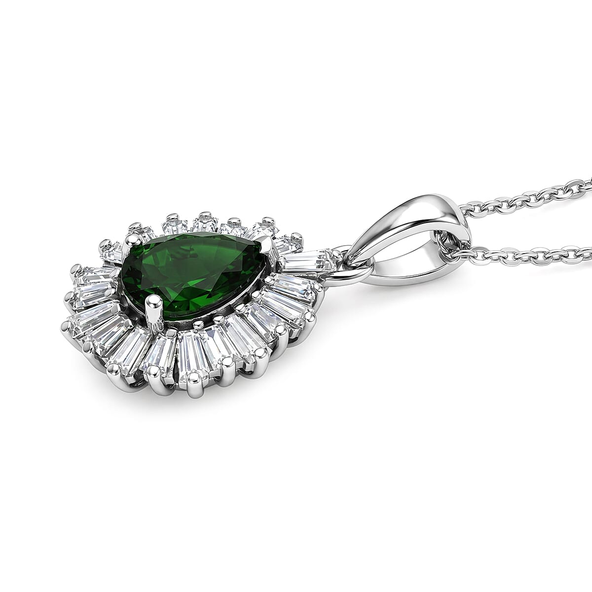 D'Joy - Natural Chrome Diopside & Moissanite Halo Pendant with Chain (Size 20) in Rhodium Overlay Sterling Silver 1.74 Ct.