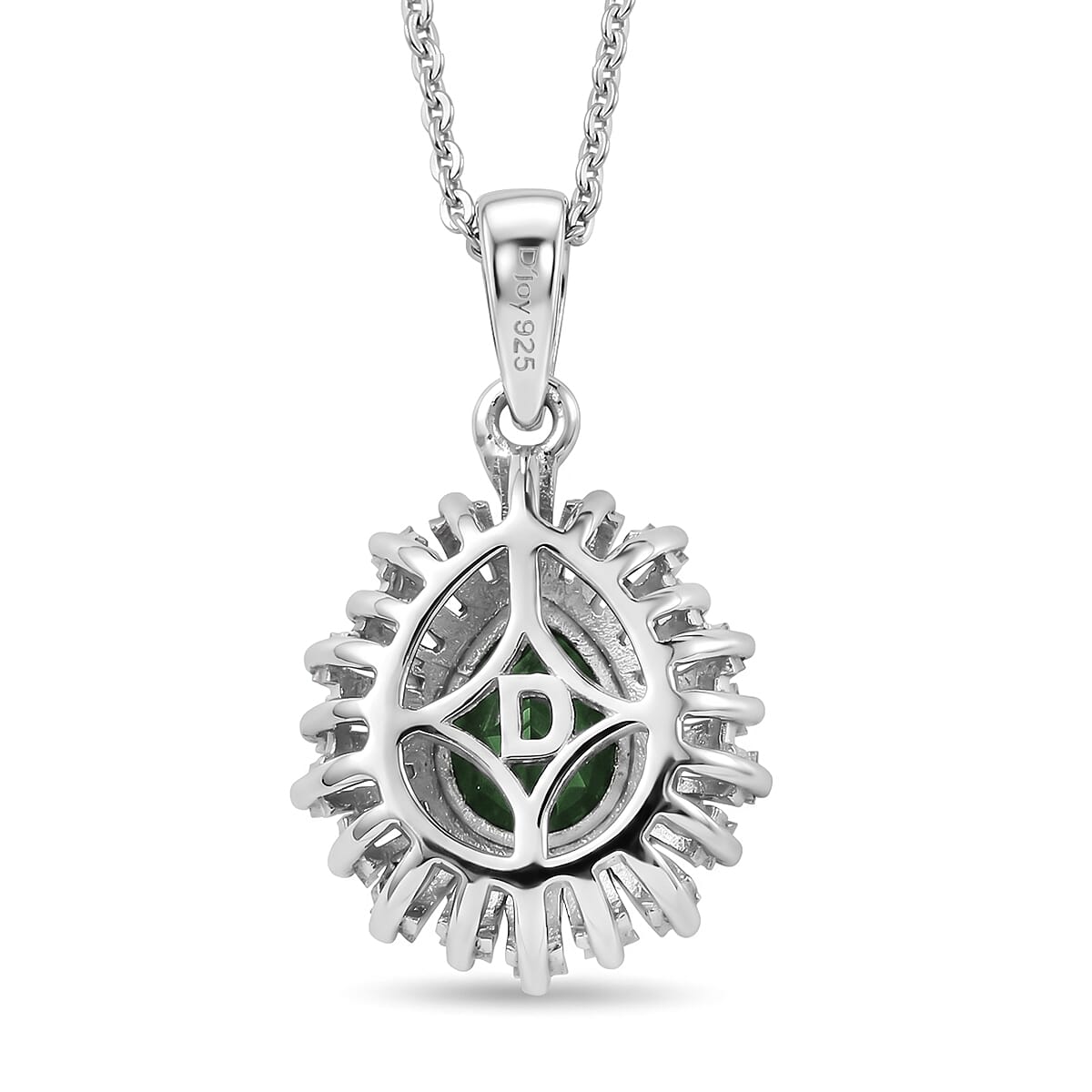 D'Joy - Natural Chrome Diopside & Moissanite Halo Pendant with Chain (Size 20) in Rhodium Overlay Sterling Silver 1.74 Ct.