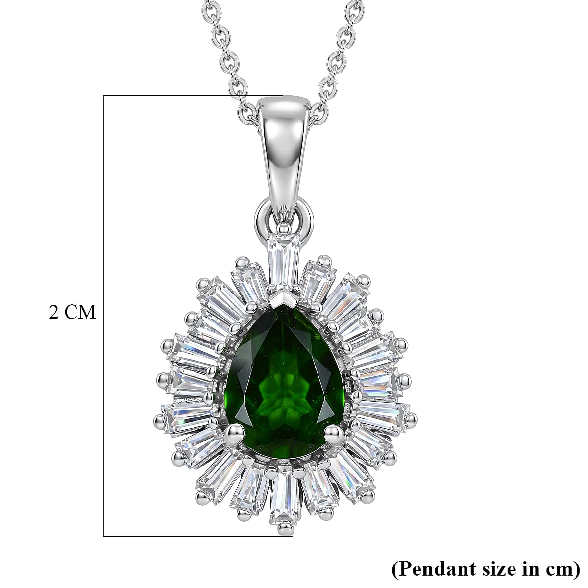 D'Joy - Natural Chrome Diopside & Moissanite Halo Pendant with Chain (Size 20) in Rhodium Overlay Sterling Silver 1.74 Ct.