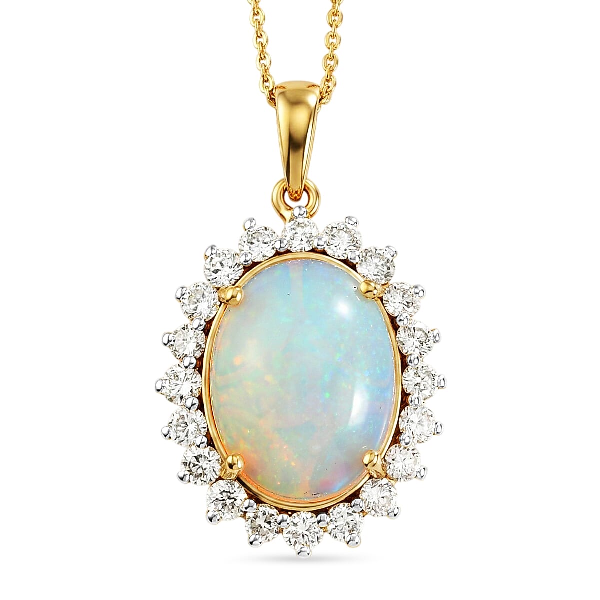 Luxuriant - Ethiopian Opal & Lab Grown Diamond (SI-G-H) Halo Pendant with Chain (Size 20) in 18K Vermeil Yellow Gold Plated Sterling Silver 6.70 Ct.